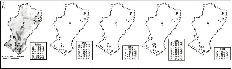 Distribuci&oacute;n espacial de temperatura m&iacute;nima anual y trimestral (DEF, MAM, JJA, SON) y agrupaci&oacute;n de estaciones mediante el m&eacute;todo de Kruskall-Wallis en el semi&aacute;rido brasile&ntilde;o entre 1981-2015. Los n&uacute;meros hacen referencian al c&oacute;digo de la estaci&oacute;n clim&aacute;ticas.