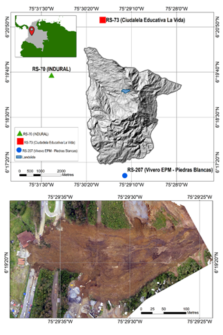 Location of the landslide in Las Nieves quarry, municipality of Copacabana, Colombia.