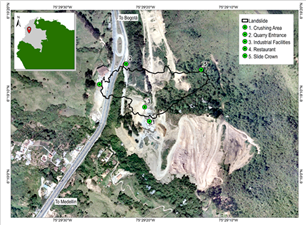 Location of reference sites in the area of the landslide in Las Nieves quarry, municipality of Copacabana, Colombia.
