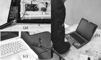 Implementation of the test system: (a) transmitter node with TTGO esp32 board with lm35 temperature sensor and potentiometer on breadboard; (b) Computer that obtains the data from the transmitting node in real time; (c) receiving node, the TTGO esp32 board that receives the data packages is located in the circle, next to the computer that allows the display of the data at reception.