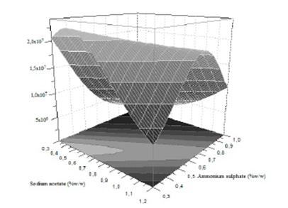 Response surface curve plot of the interaction effect between ammonium sulphate (% ww-1) and sodium acetate (% ww-1) on chlamydospores concentration (chlamydospores g dry substrate-1).