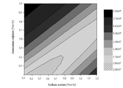 Contour plot of the interaction effect between ammonium sulphate (% ww-1) and sodium acetate (% ww-1) on chlamydospores concentration (chlamydospores g dry substrate-1).