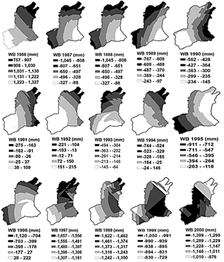 Spatial prediction of the annual water balance (mm / year) that occurred in the Urama River basin, based on a time series between 1986 and 2000.