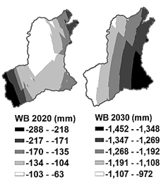 Forecast maps of water balance variables (Precipitation - Evaporation), using the temporal space model for the years 2020 and 2030 in the Urama River basin.