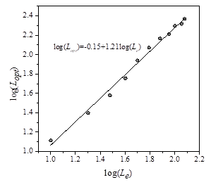 Logarithmic relationship between the optimal path length and the linear dimension of the system. The slope gives the value of the fractal dimension, Dopt