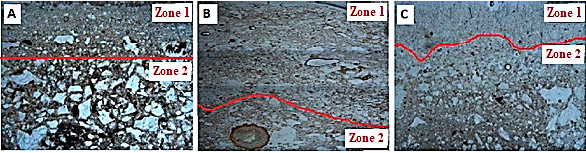 Zones 1 and 2 in the soil micromorphological sample. Control (A); STM (B) and SWM (C) after the application of rainfall 0 h.