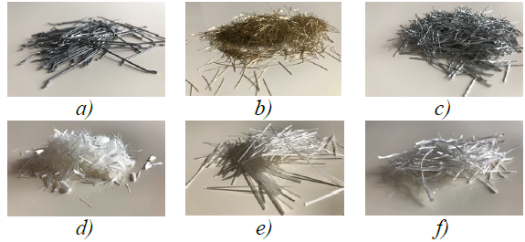 Algunos de los diferentes tipos de fibras para UHPFRC: a) met&aacute;lica acabada en ganchos (hook-end); b) met&aacute;lica lisa, c) met&aacute;lica retorcida (twisted), d) monofilamento de polivinilo de alcohol; e) fibra de polipropileno; f) fibra de polietileno