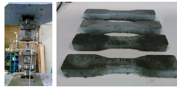 Cuerpo de prueba dogbone y configuraci&oacute;n del ensayo de tracci&oacute;n directa conforme a JSCE-08 [56]