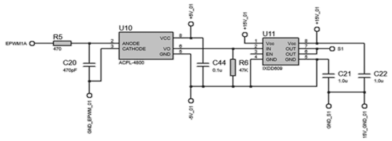 Isolation and driver circuit for MOSFET triggering.