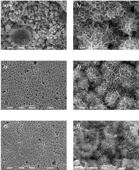 SEM micrographs of the fracture surfaces of the three CPC, C3 a) & b), C4 c) & d), and C5 e) & f). Scale bars of 50 &micro;m and 5 &micro;m for the images at 500X (left column) and 5000X (right column), respectively.