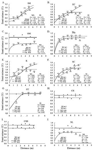 Experimental and theoretical semivariograms for the % soil moisture (g g-1) (A), electrical conductivity (dS m-¹) (B), organic matter available in soil (g kg-¹) (C), sodium (D) and potassium (cmol kg-¹) (E) contents, sand (F) and clay (g kg-1) contents (G), crop height (m) (H), crop stalk diameter (m) (I) and the number of leaves (J).