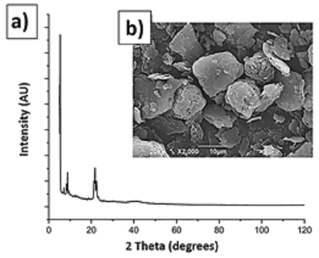 Magnesium stearate XRD pattern, a) and SEM morphology, b)