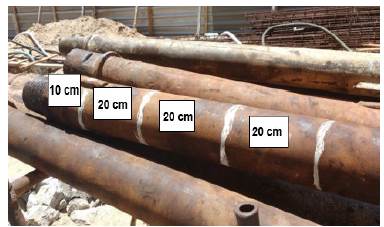 Marked sections on last meter of drilling rod.