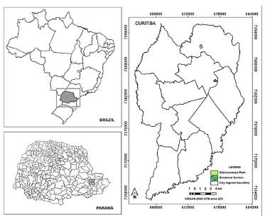 The geographic location of the city of Curitiba and the location of the green areas in Curitiba, Paran&aacute;, included in the survey. 