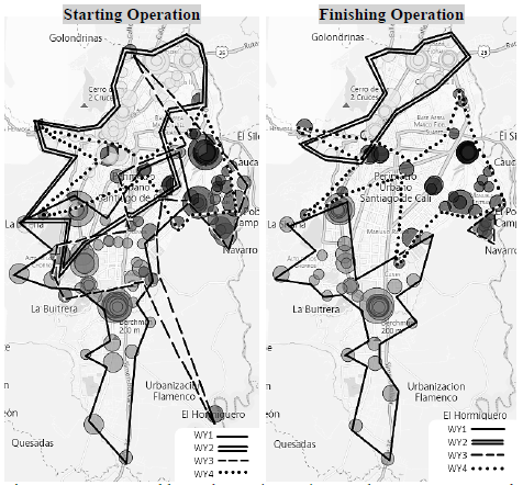 Area covered by each WY (Case 3). Note the more concentrated allocation of stops to each WY for the finishing operation.