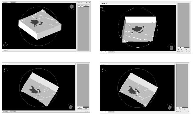Vista a) frontal, b) lateral y c) superior d) del modelo de bloques del yacimiento polimet&aacute;lico hipot&eacute;tico en el entorno gr&aacute;fico de DESWIK.CAD.