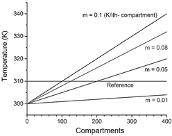 Thermal initial conditions imposed at time zero to each compartment, defined by the value of the slope m of a straight line. Reference temperature (green horizontal line, 310 K) is determined as the minimum temperature reached by the system in the frame of interest (40 - 80 s).