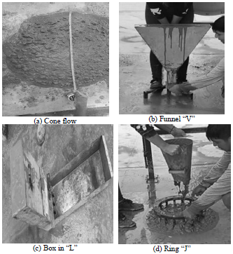 4. Photograph of fresh concrete tests: (a) cone flow, (b) funnel "V", (c) box in "L", (d) ring "J".