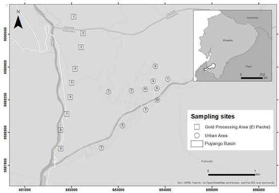 Location of evaluated sites in the urban area and the mining processing area.
