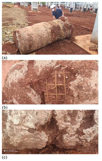 Foundation element excavation for visual inspection (a) and the evidence of exposed reinforcement (b and c).