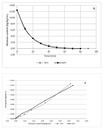 Drying curve (A) and drying rate curve (B) obtained from Pleurotus sp. mushrooms during dehydration at two temperatures.