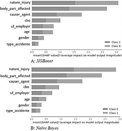 Categories of attributes and their relevance for the XGBoost and Na&iuml;ve Bayes results.