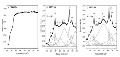 Raman Non-linear fit profile (NLFP) with Lorentzian functions of the CFTS polycrystalline materials obtained at a. 12h, b. 24h and c. 48h.