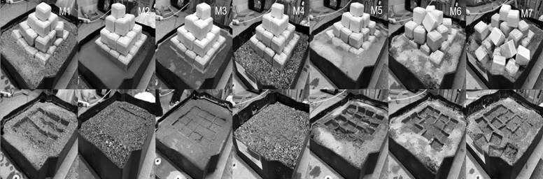 Estructura despu&eacute;s de la excitaci&oacute;n s&iacute;smica. Se puede ver un video de las pruebas din&aacute;mica de cada mezcla en la ref. [27].
