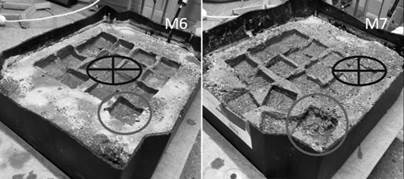 Huella dejada por la estructura de pirámide miniatura después de la excitación sísmica, donde se evidencia los asentamientos diferenciales.