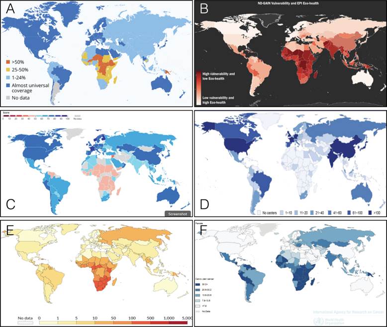 Worldwide distributions that highlight current inequalities that drive exponential difficulties in middle- and low-income countries. (A) People without access to basic drinking water in 2020 [5]; (B) Global distribution of the combined risk of toxic pollution and climate impacts [6]; (C) Food security index [7]; (D) Centers with Genomic capabilities [8]; (E) Dead rate from AIDS/HIV [9]; (F) Incidence of Cervical Cancer - associated with HPV [10,11].