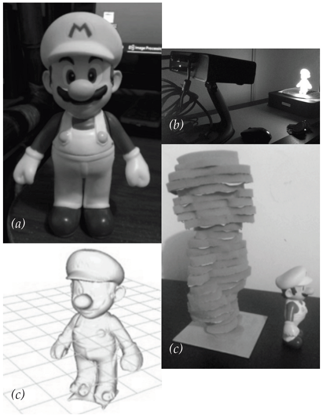 a) Real object, b) object in scanning process, c) digital object, d) object reproduced in foam.