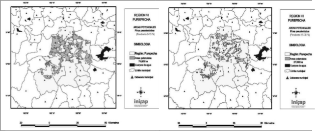
&Aacute;reas potenciales (Izquierda: pendiente 0-15%) para plantaciones forestales
comerciales con Pinus pseudostrobus
(Derecha: pendiente 15-30%) en la Sierra Purh&eacute;pecha del Estado de Michoac&aacute;n. 

 