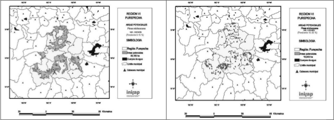 &Aacute;reas potenciales (Izquierda: pendiente 0-15%) para plantaciones
forestales comerciales con Pinus
michoacana var. cornuta.,
(Derecha: pendiente 15-30%) en la Sierra Purh&eacute;pecha del Estado de Michoac&aacute;n.
