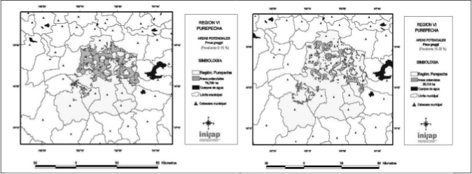 &Aacute;reas potenciales
(Izquierda: pendiente 0-15%) para plantaciones forestales comerciales con Pinus greggii  (Derecha:pendiente 15-30%) en la Sierra
Purh&eacute;pecha del Estado de Michoac&aacute;n. 

 