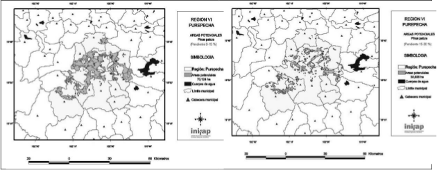 &Aacute;reas potenciales (Izquierda: pendiente 0-15%) para plantaciones forestales
comerciales con Pinus patula (Derecha:
pendiente 15-30%) en la Sierra Purh&eacute;pecha del Estado de Michoac&aacute;n. 

 