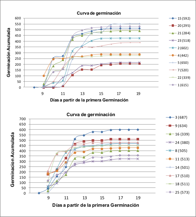 Germinación acumulada en cada conteo por familias de Cedrela odorata L. Donde el número junto al ícono de cada curva es
la identificación de la familia y el número entre paréntesis es el número de
semillas sembradas.