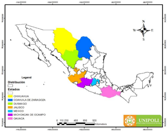 Figura 5. Distribuci�n por estados de las especies Zadiprion falsus y Neodiprion autumnalis. Fuente: Su�rez-Mota et al., 2018; Ciesla et al., 2015.