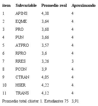 Conformación de clúster 1 por subvariables