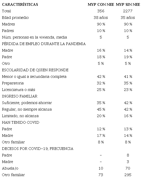 Características de las MyP de alumnos con NEE y sin NEE o discapacidad.