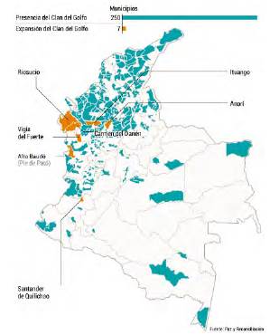 Presencia municipal del Clan del Golfo.