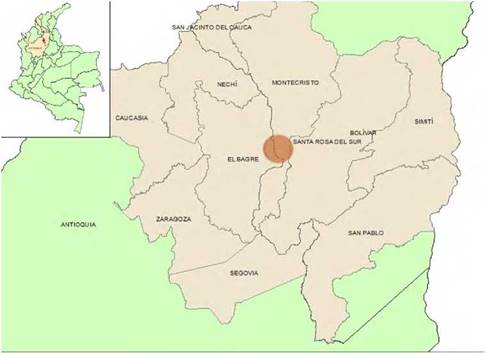 Mapa localización región de Guamocó
