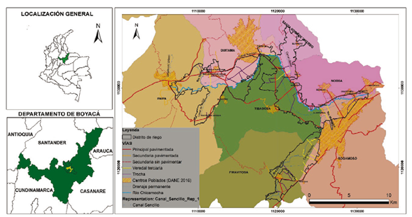Localizaci�n del distrito de riego del Alto Chicamocha en el departamento de Boyac�, Colombia. En el mapa se se�alan los municipios que tienen jurisdicci�n en el �rea de estudio y se resaltan las �reas urbanas