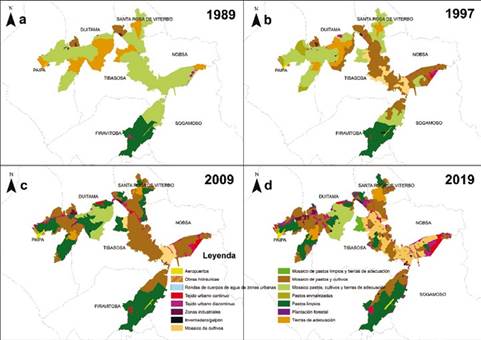 Mapas de las coberturas de la tierra en el distrito de riego del Alto Chicamocha en cuatro momentos.