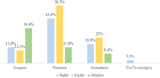 Distribuci�n porcentual de la poblaci�n por nivel educativo de abuelos, padre y madre