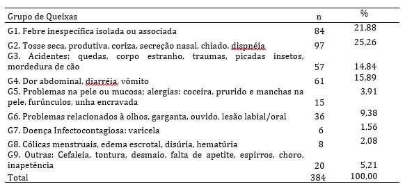 Frequ&ecirc;ncia absoluta e relativa das queixas
registradas nas fichas de atendimento, por grupo, S&atilde;o Paulo, 2013.