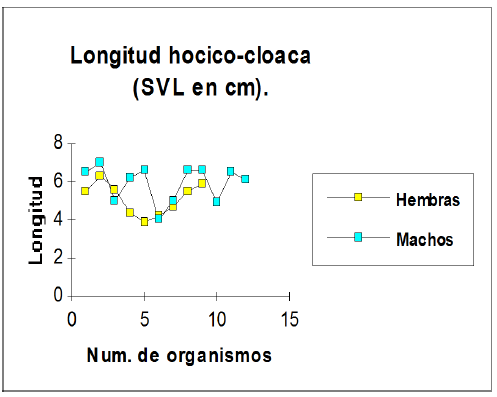 Longitud hocico-cloaca (SVL) de los colectados con respecto al sexo.
