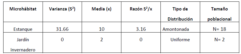 Raz&oacute;n varianza/media (S&sup2;/x), tipo de distribuci&oacute;n y tama&ntilde;o poblacional de los dos microh&aacute;bitats en los que se pudieron colectar organismos.