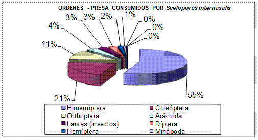 Porcentaje Total de los Ordenes – Presas consumidas por Sceloporus internasalis.
