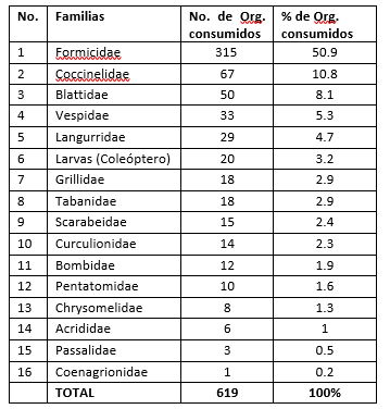 Familias–presa
consumidas, por Sceloporus internasalis, con su frecuencia de
aparición en los contenidos estomacales, así como su porcentaje, en importancia
progresiva de la dieta. Pertenecientes a la clase Insecta.