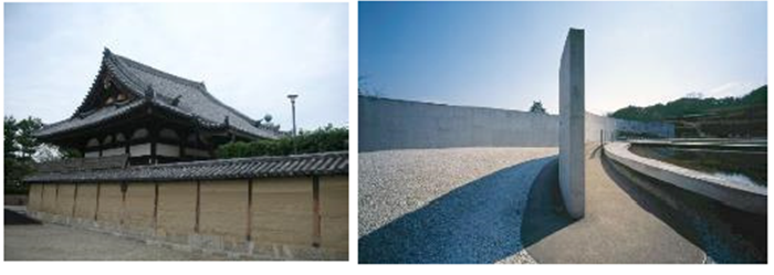 La imagen de la izquierda presenta los grandes muros del Templo del agua, en la isla de Awaji, en la prefectura de Hyogo, Jap&oacute;n.26 Por otro lado, la imagen de la derecha muestra una vista del acceso amurallado al complejo Horyu ji, Kioto, Jap&oacute;n